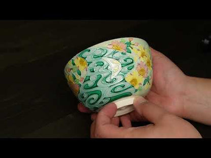 【清水烧】抹茶碗 萌黄交趾 樱花与观世水 一如