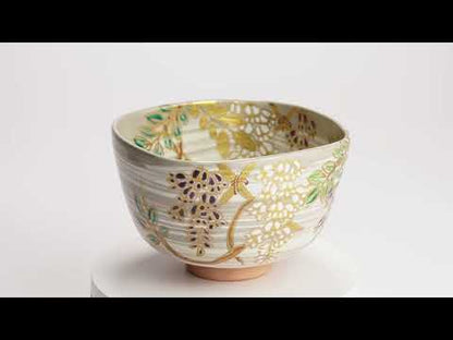【清水烧】四方形抹茶碗 紫藤花图 宫川香林