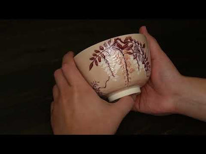 【清水烧】抹茶碗 淡桃交趾 "紫藤图" 一如