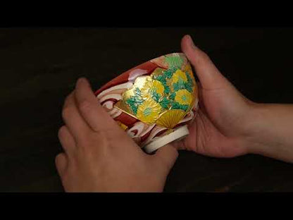 【清水烧】抹茶碗 四季草花扇面 一如