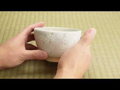 【清水烧】抹茶碗 稻草白釉 垂枝樱 海峰