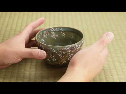 【清水烧】抹茶碗 伊罗保釉 枝垂樱 海峰
