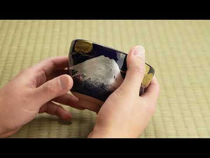 【清水烧】抹茶碗 瑠璃地金银彩《富士与松》 海峰