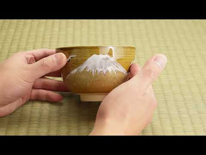 【清水烧】抹茶碗 饴釉《富士与鹤》 海峰