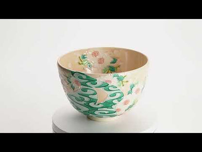 抹茶碗　淡桃交趾 "桜に観世水"　一如