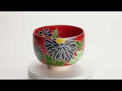 Matcha Bowl - Vermilion “Black Chrysanthemum” by Ichinyo