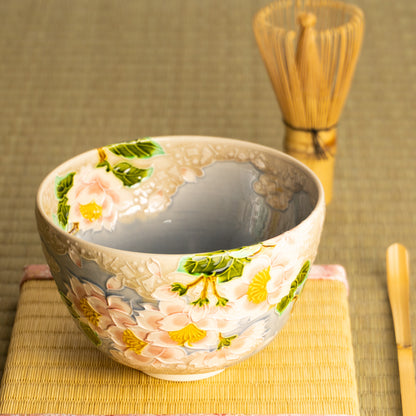 抹茶碗　淡紫交趾"桜に雲"　一如 KOTOPOTTER